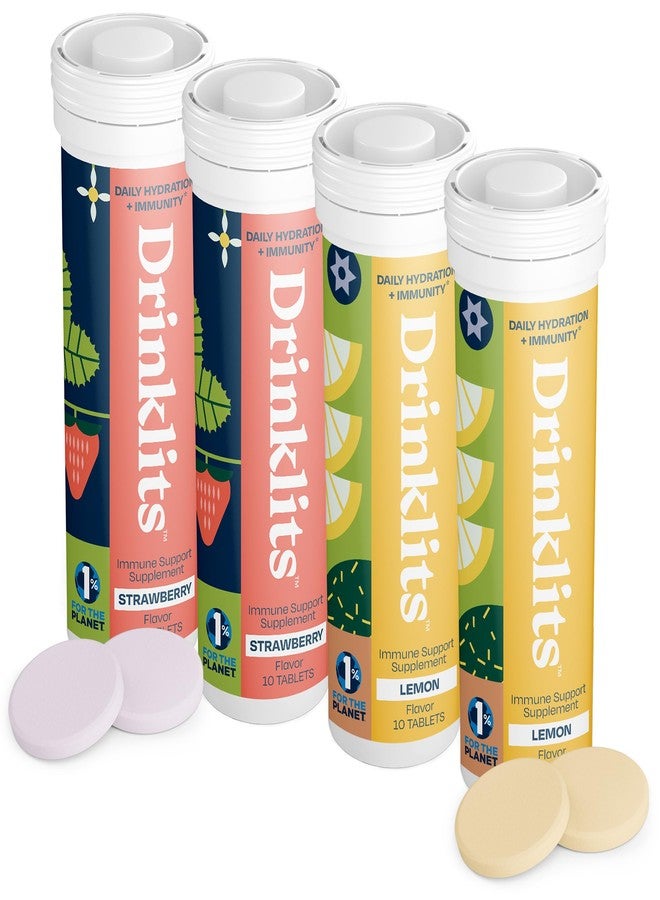 Drinklits Lemon & Strawberry Daily Immunity Tablets (4) Tube Bundle | Vitamin C Boost + Antioxidants + Electrolytes + 0g Sugar | 40 Servings - 10 Tablets Each - Image 1